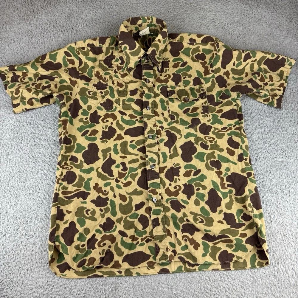 Vintage Camouflage Hunting Shirt Sz Large Camo Military Survival Frog Woodland